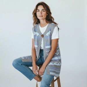 Twist Womens Sweater Vest Sz Medium Blue Gray Boho Longline Wool Southwestern